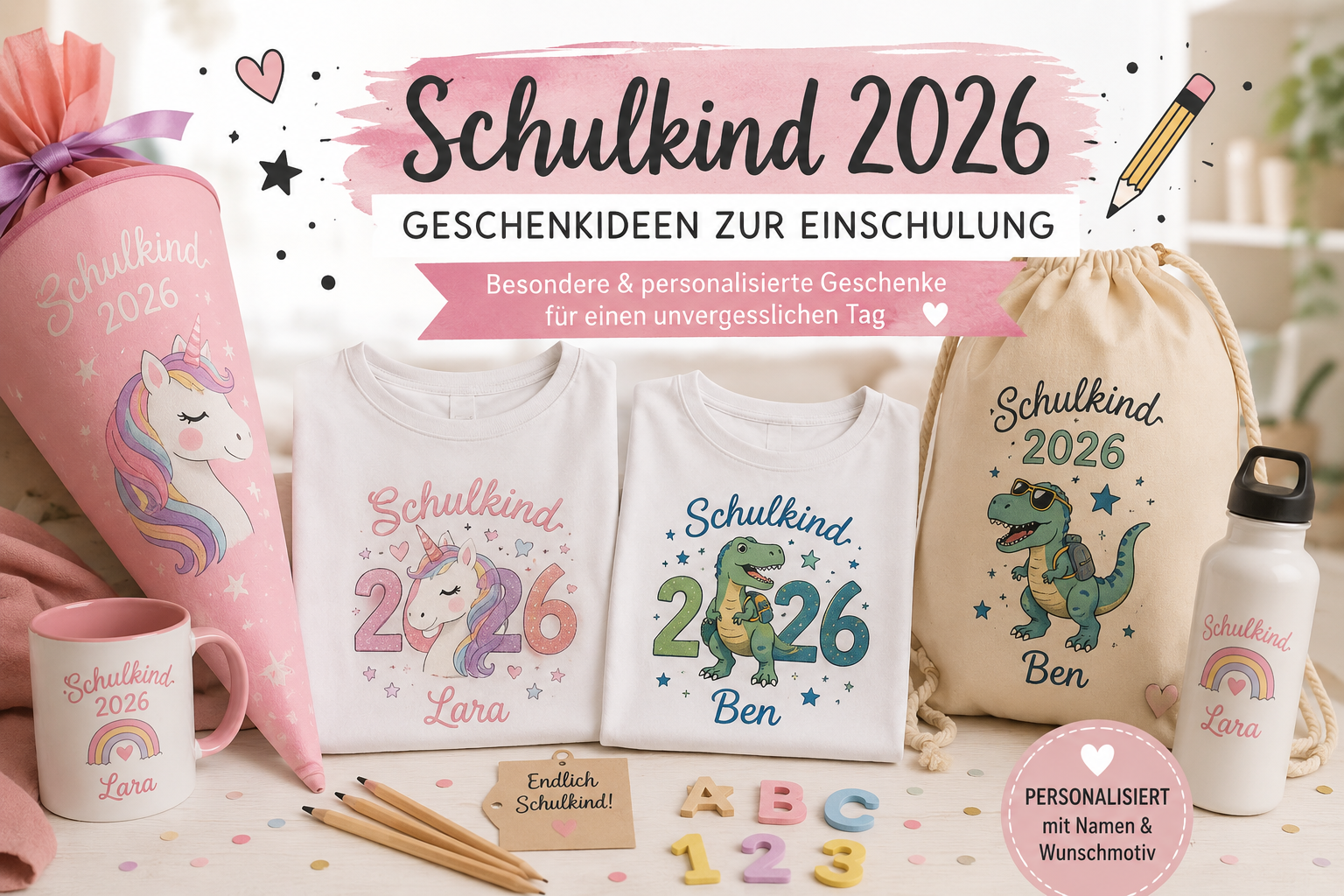 Schulkind 2026 Geschenkideen zur Einschulung – personalisiertes Schulkind-Shirt, Schultüte und mehr – LaLeBe Creations