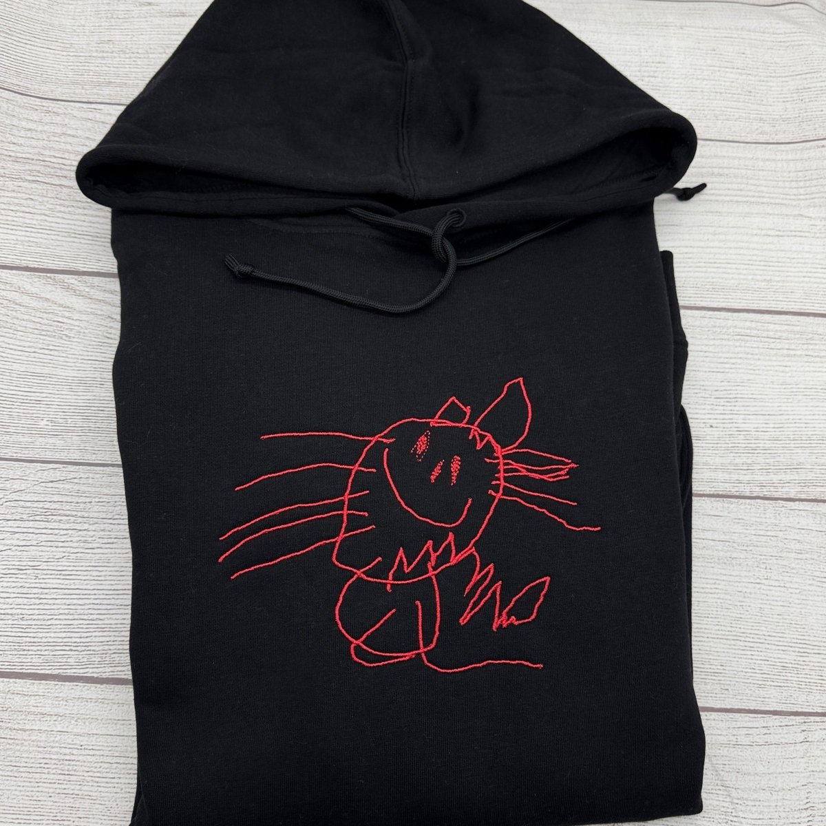 Besticktes Hoodie mit Kinderzeichnung - Schwarz
