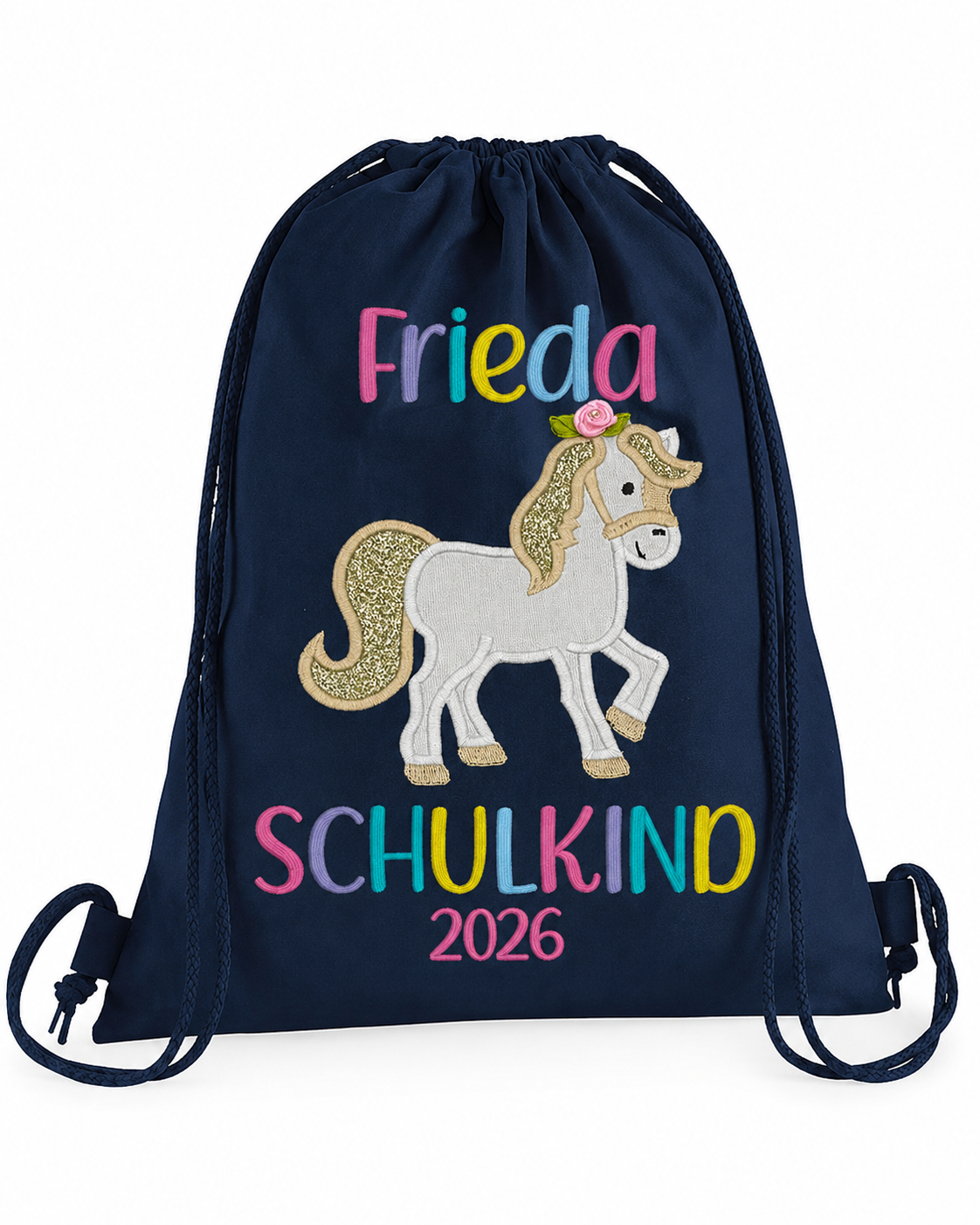 Personalisierter Turnbeutel Schulkind navy – Pferd Stickerei mit Name – LaLeBe Creations