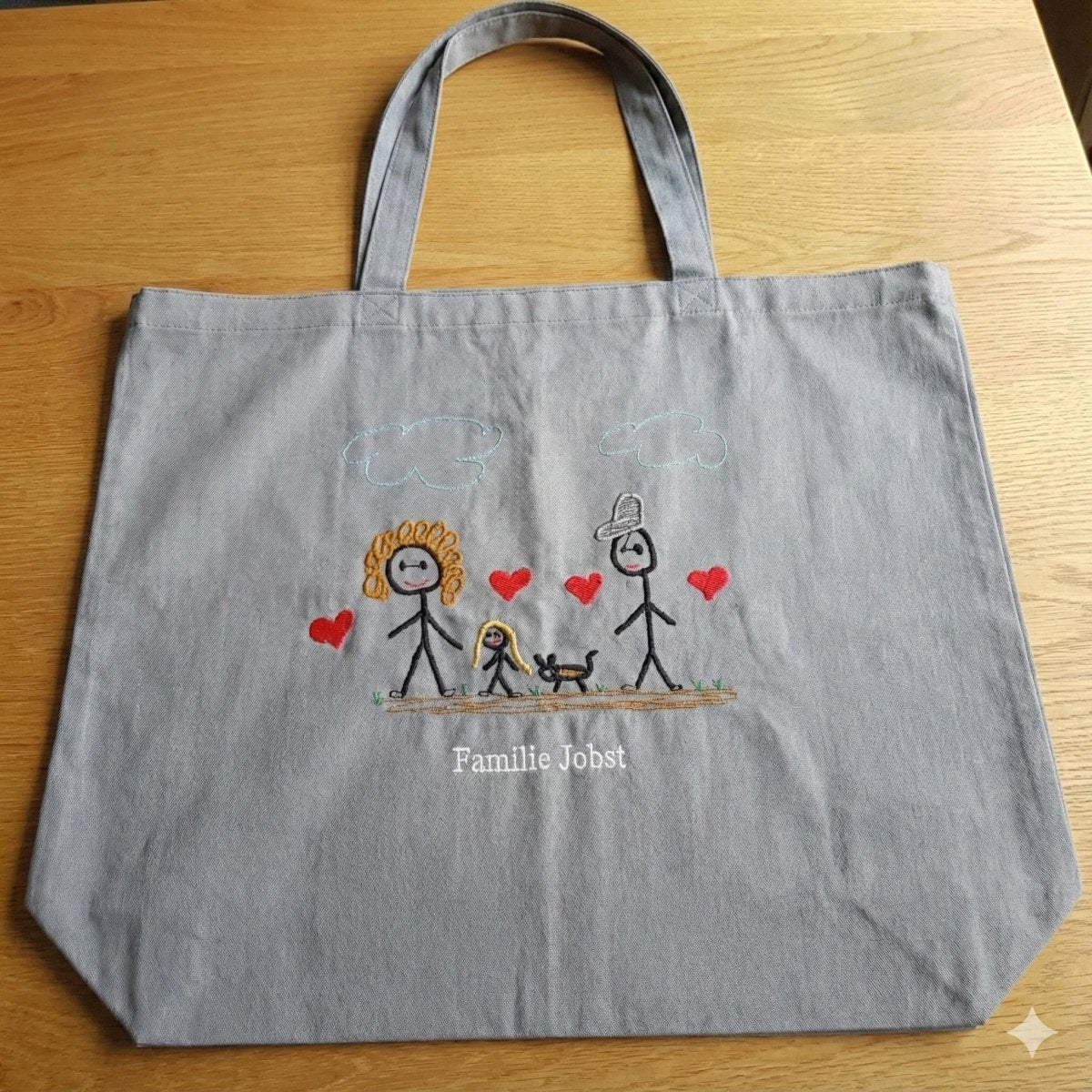 Bestickter Canvas Shopper personalisiert mit Kinderzeichnung – Farbe Grau – LaLeBe Creations