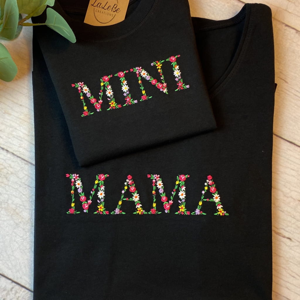 Floral Mama or Mini T-Shirt Outfit (Unisex) / Schwarz / 3-6