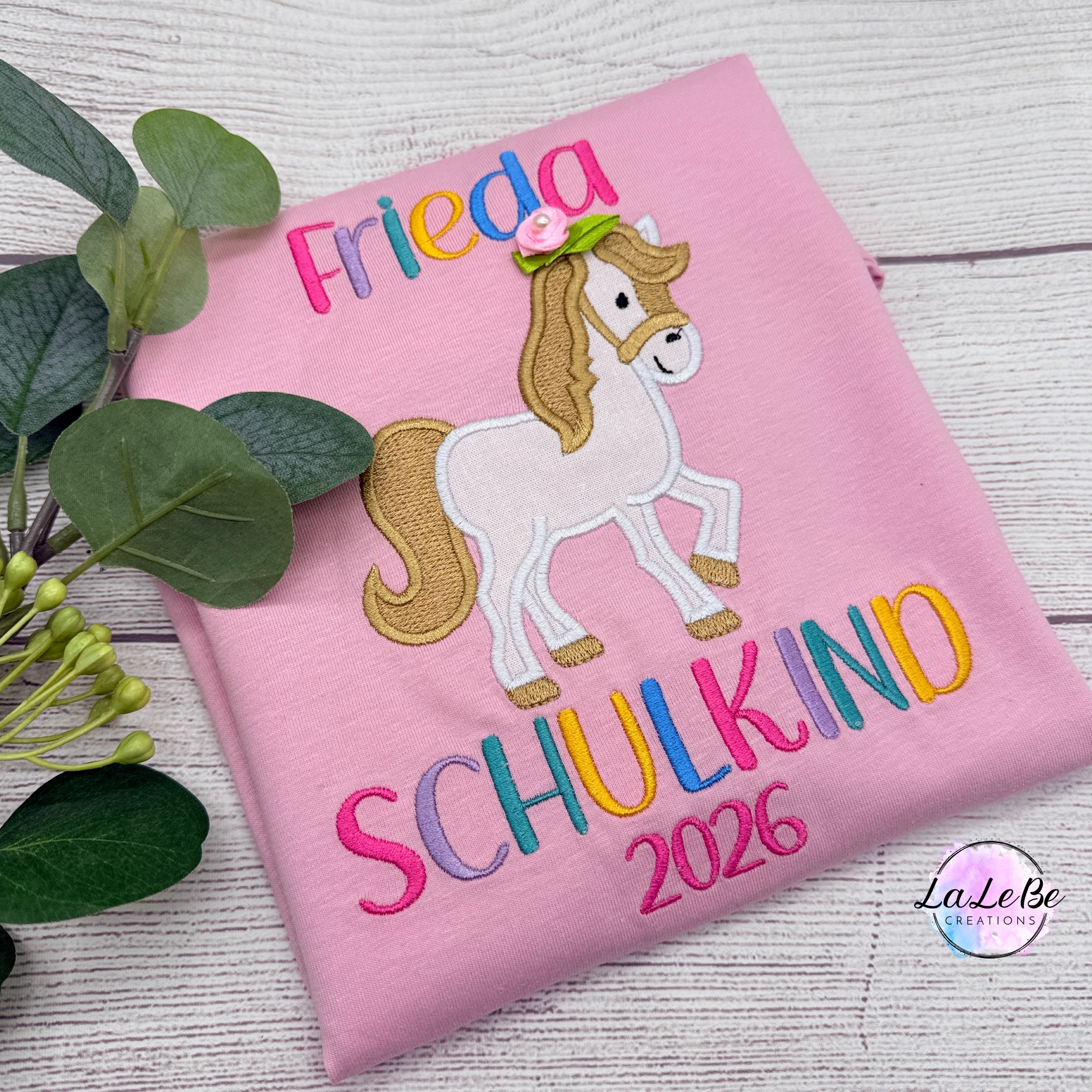 Besticktes Vorschulkind Shirt | Pferd mit Glitzer & Regenbogen-Schrift