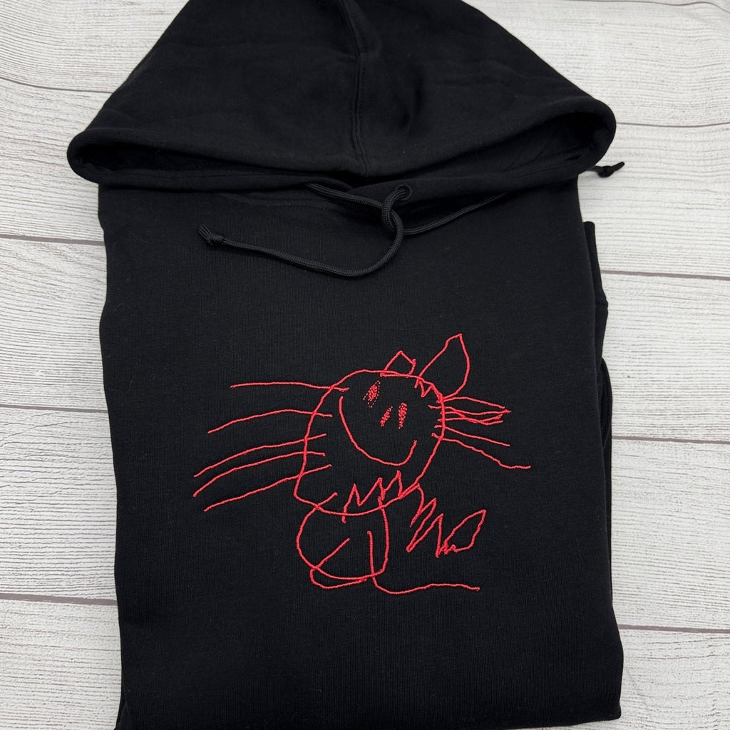 Besticktes Hoodie mit Kinderzeichnung - Schwarz