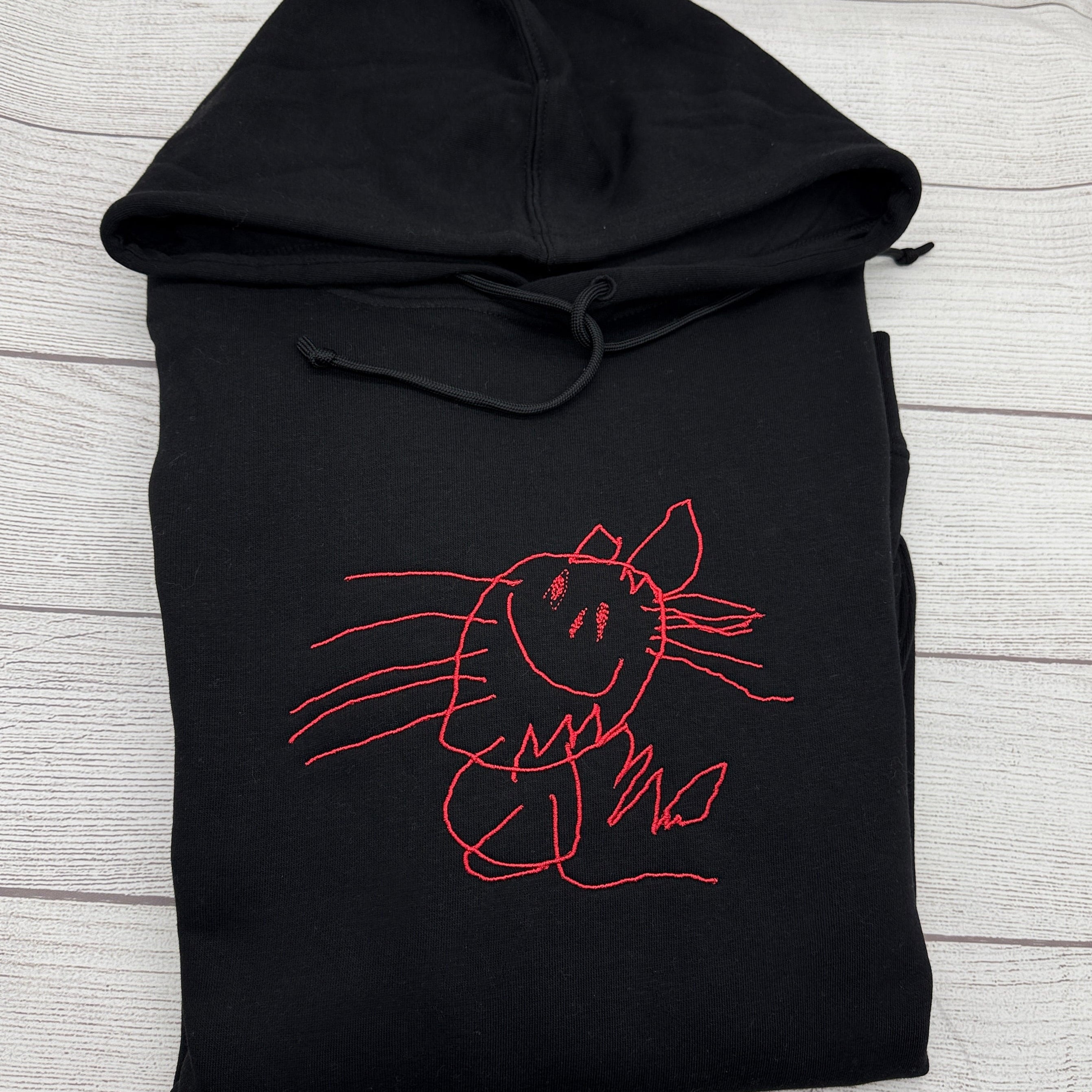 Besticktes Hoodie mit Kinderzeichnung - Schwarz