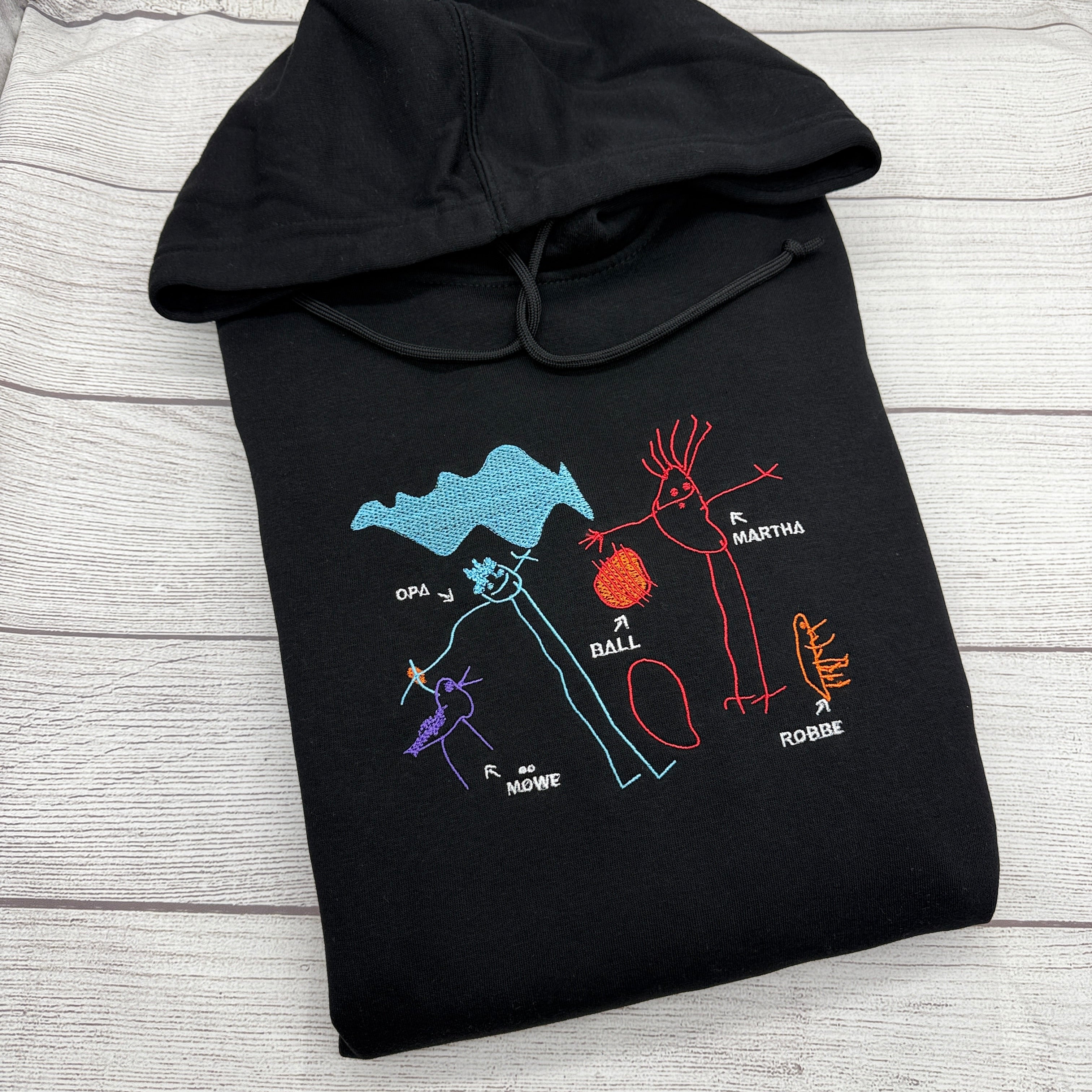 Besticktes Hoodie mit Kinderzeichnung - Schwarz