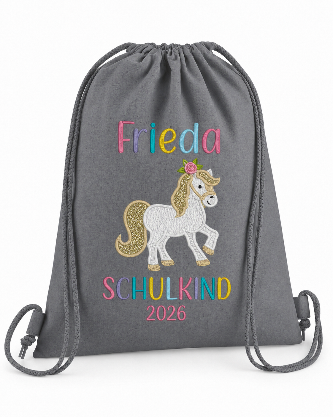 Personalisierter Turnbeutel Schulkind dunkelgrau – Pferd Stickerei mit Name – LaLeBe Creations