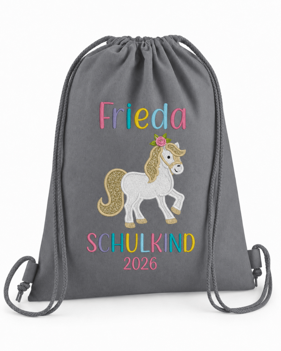 Personalisierter Turnbeutel Schulkind dunkelgrau – Pferd Stickerei mit Name – LaLeBe Creations