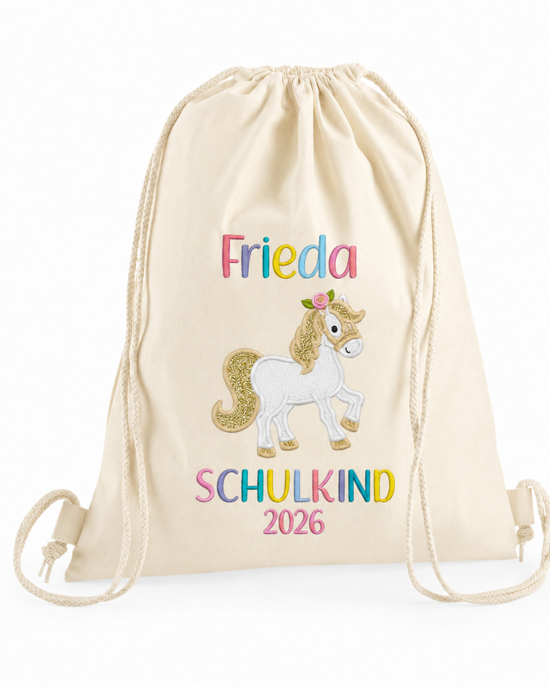 Personalisierter Turnbeutel Schulkind natur – Pferd Stickerei mit Name – LaLeBe Creations