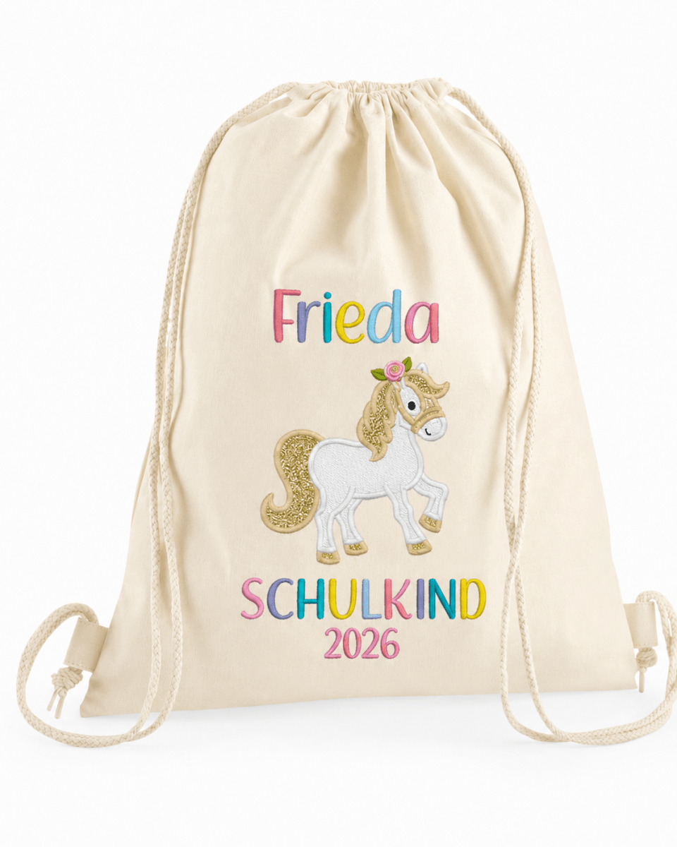 Personalisierter Turnbeutel Schulkind natur – Pferd Stickerei mit Name – LaLeBe Creations