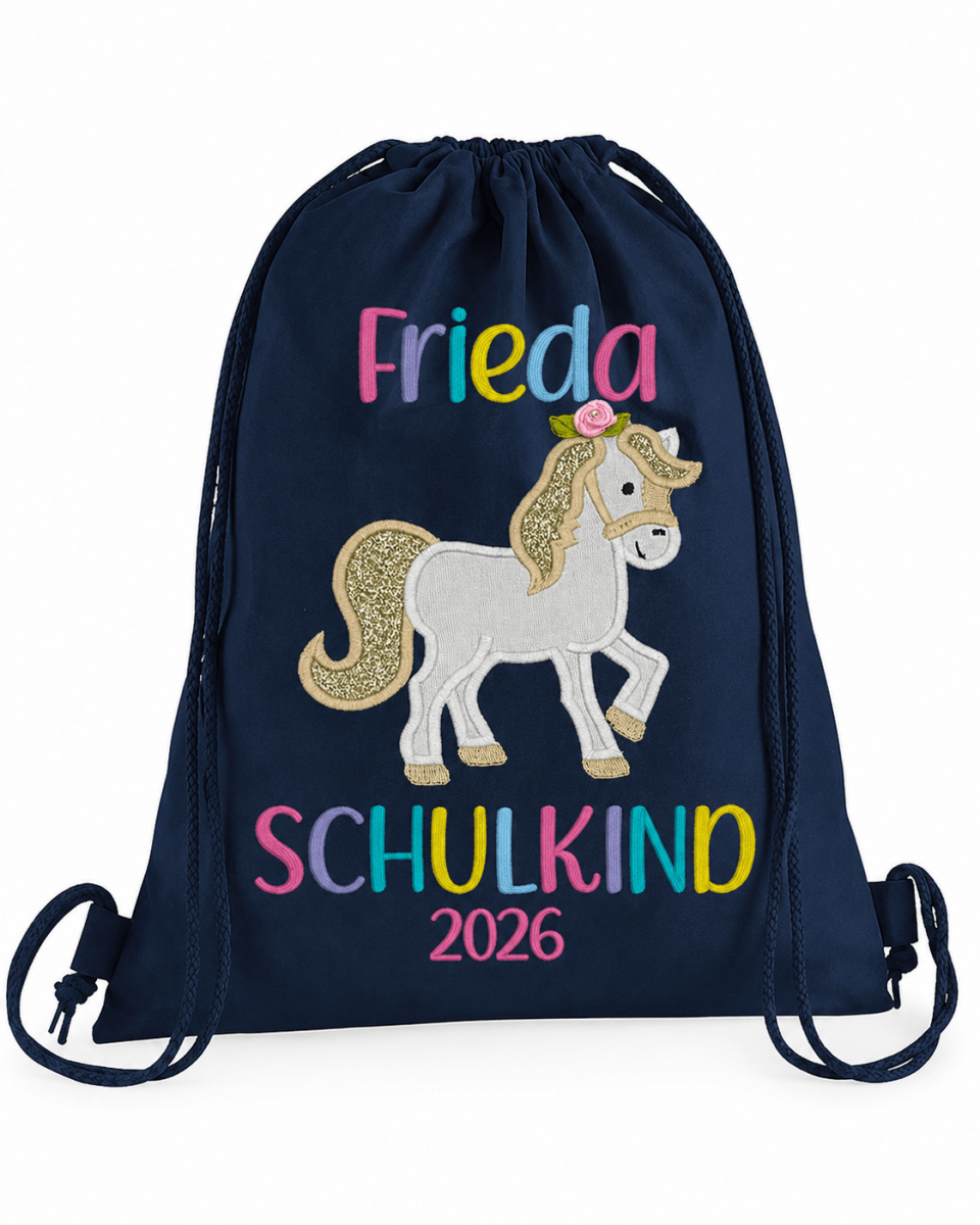 Personalisierter Turnbeutel Schulkind navy – Pferd Stickerei mit Name – LaLeBe Creations