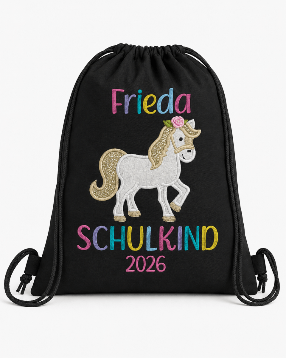 Personalisierter Turnbeutel Schulkind schwarz – Pferd Stickerei mit Name – LaLeBe Creations
