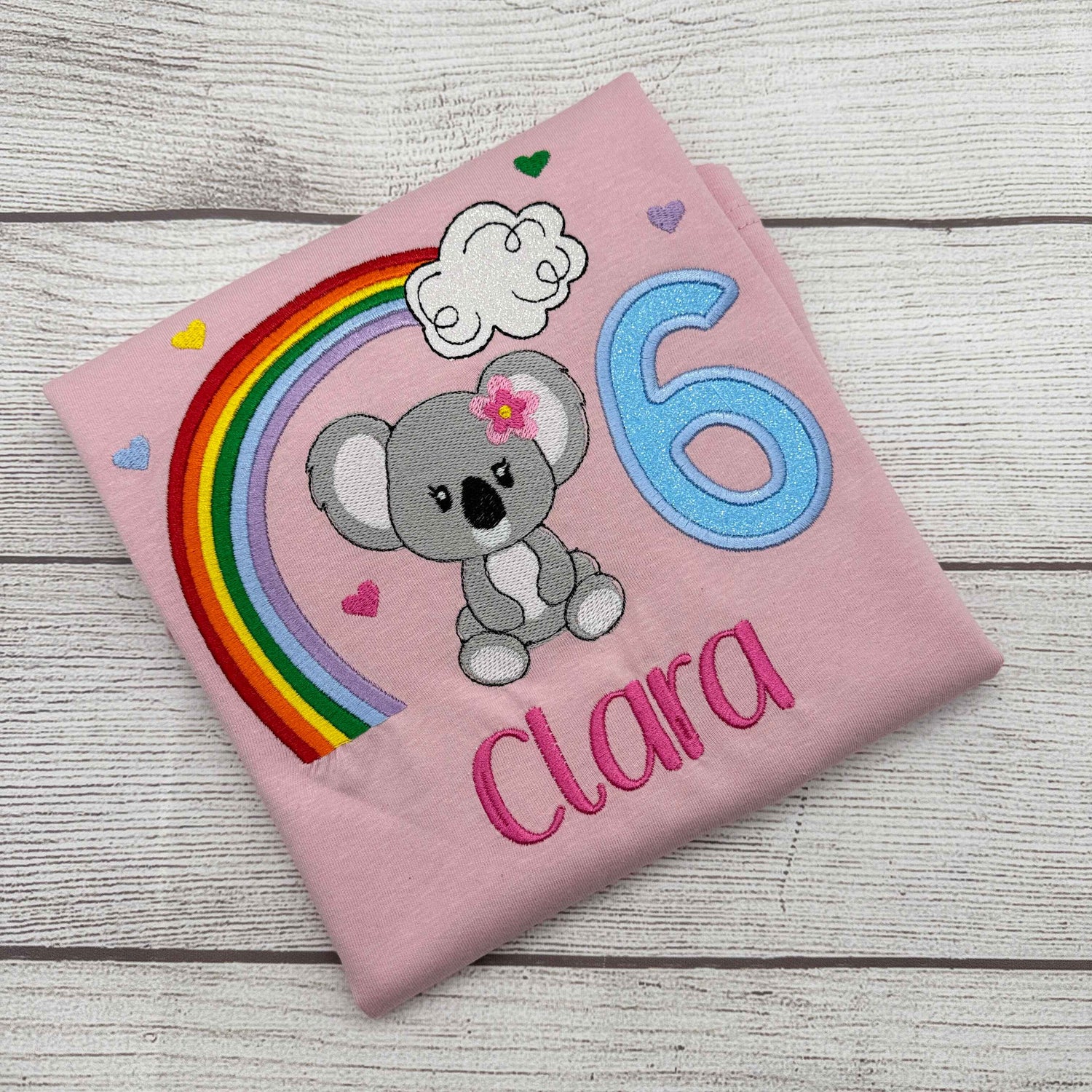 Geburtstag T-Shirt Mädchen personalisiert | Koala Regenbogen Glitzer-Alter - Rosa