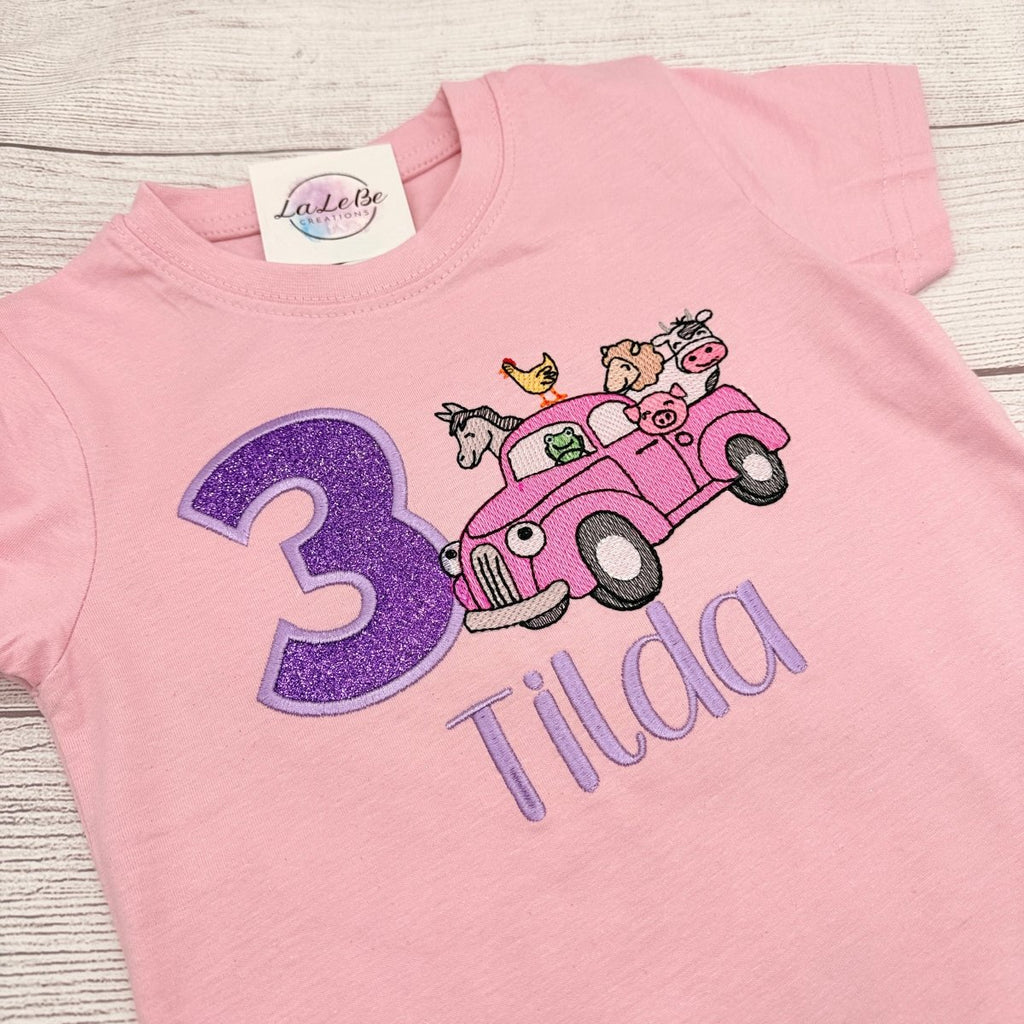 Geburtstagsshirt Kinder personalisiert Bauernhof Party Mädchen rosa mit Glitzerzahl