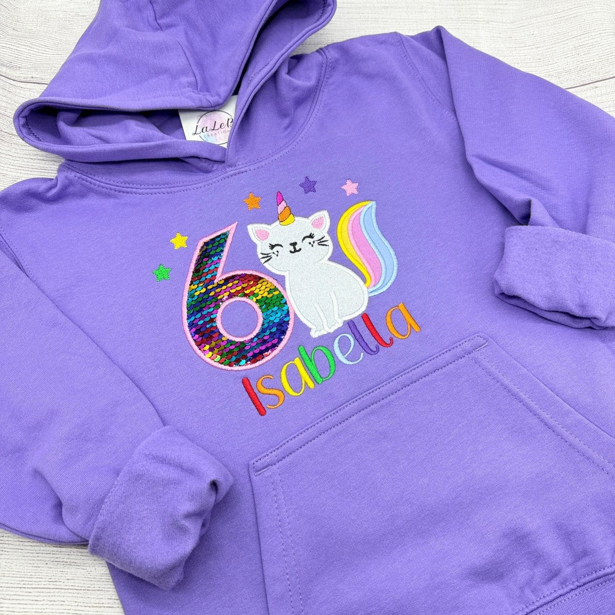 Einhorn Katze Geburtstagsshirt Mädchen personalisiert mit Wendepailletten-Zahl – LaLeBe Creations