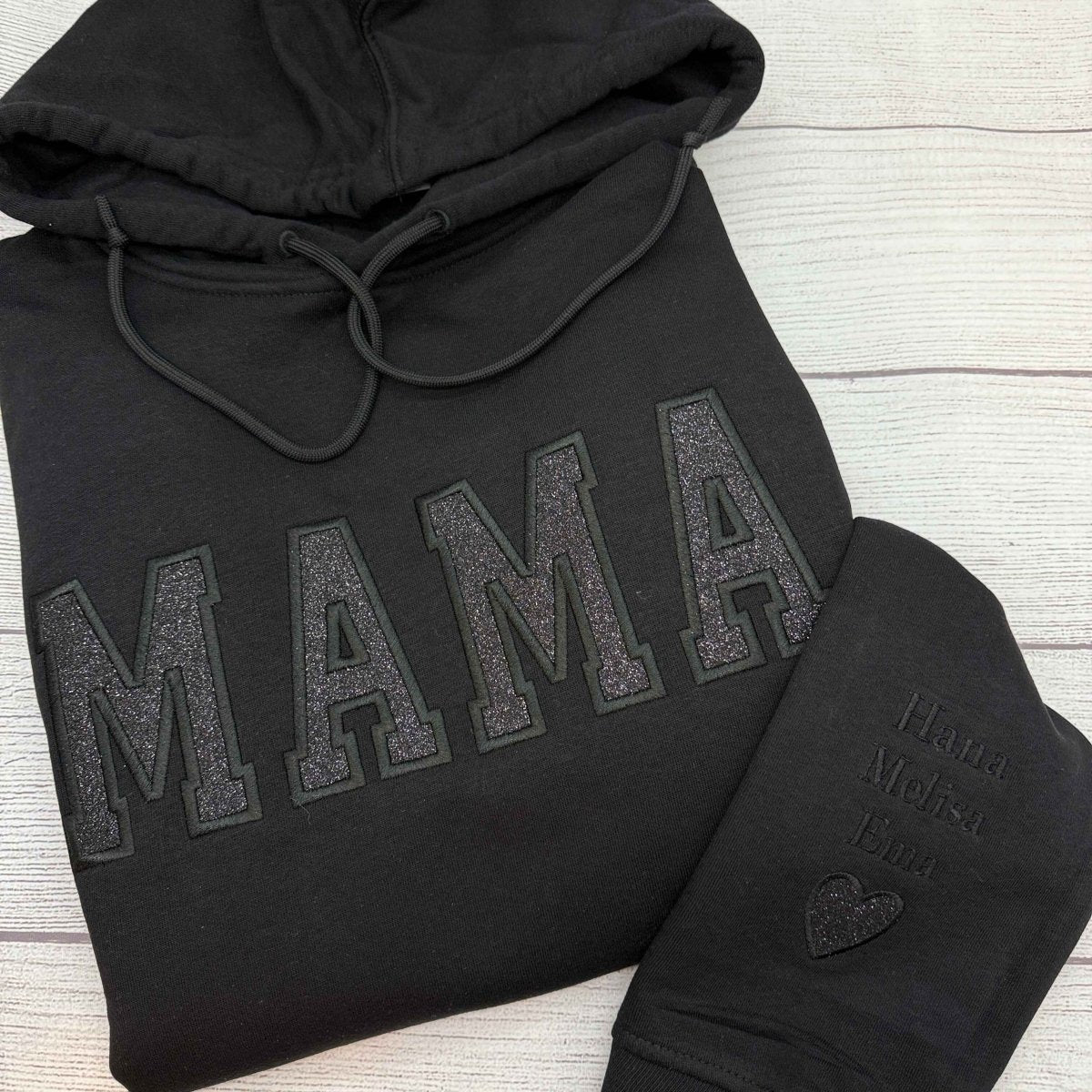 MAMA besticktes Hoodie mit Glitzer Schwarz / XS