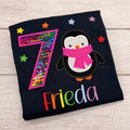Pinguin Geburtstagsshirt Mädchen – schwarzes Shirt mit Pinguin-Stickerei und Wendepailletten-Zahl