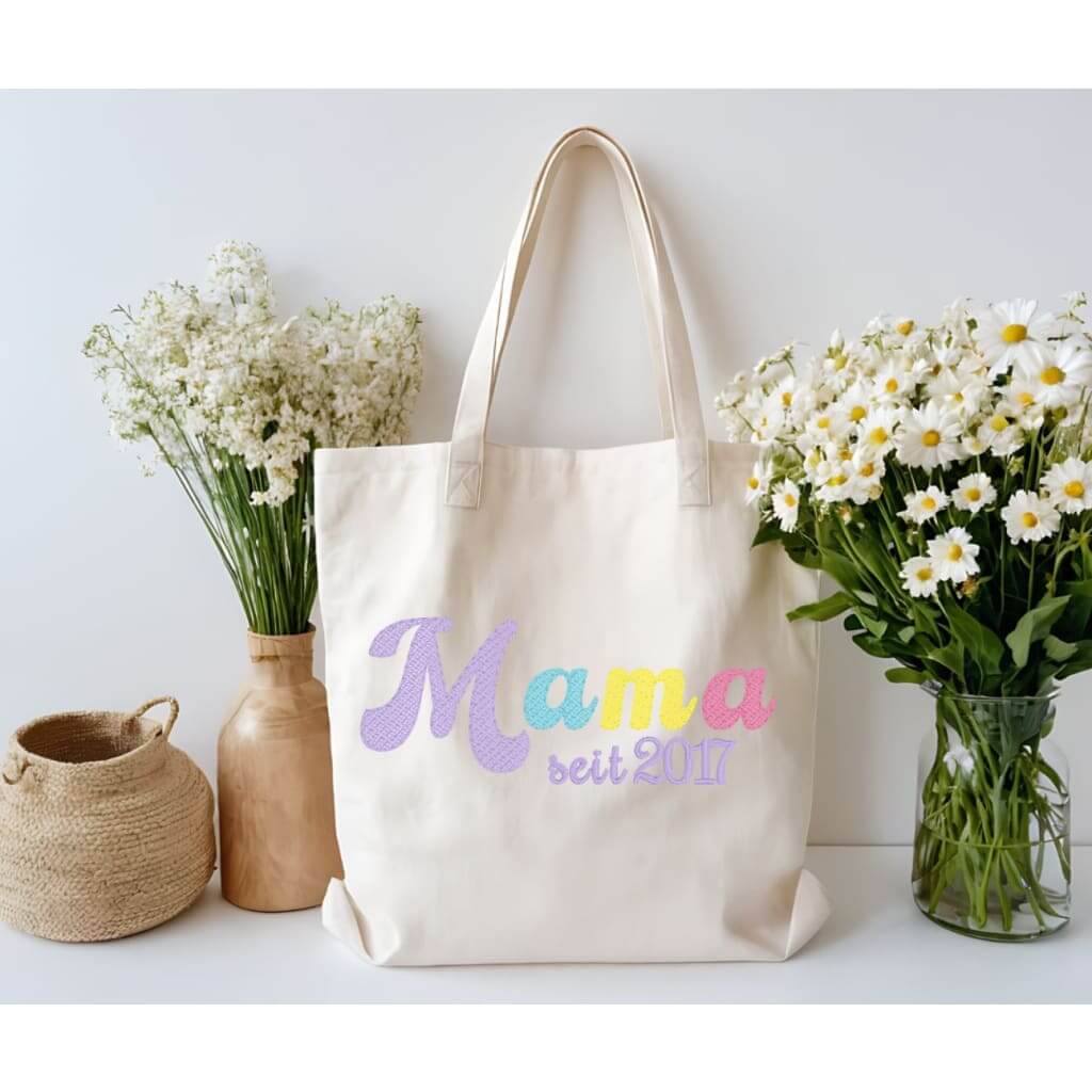Bestickte Baumwolltasche Mama Stofftasche / Natur