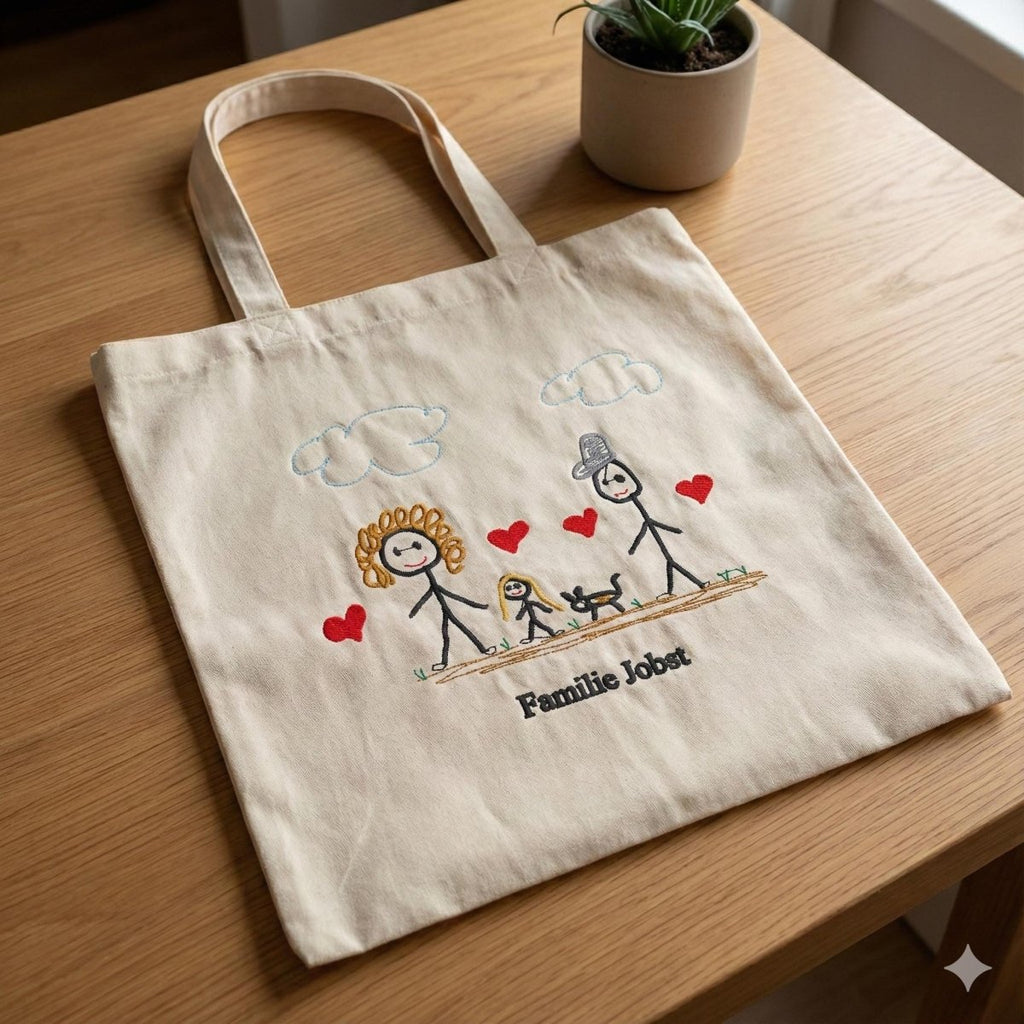 Bestickter Canvas Shopper personalisiert mit Kinderzeichnung – Farbe Natur – LaLeBe Creations