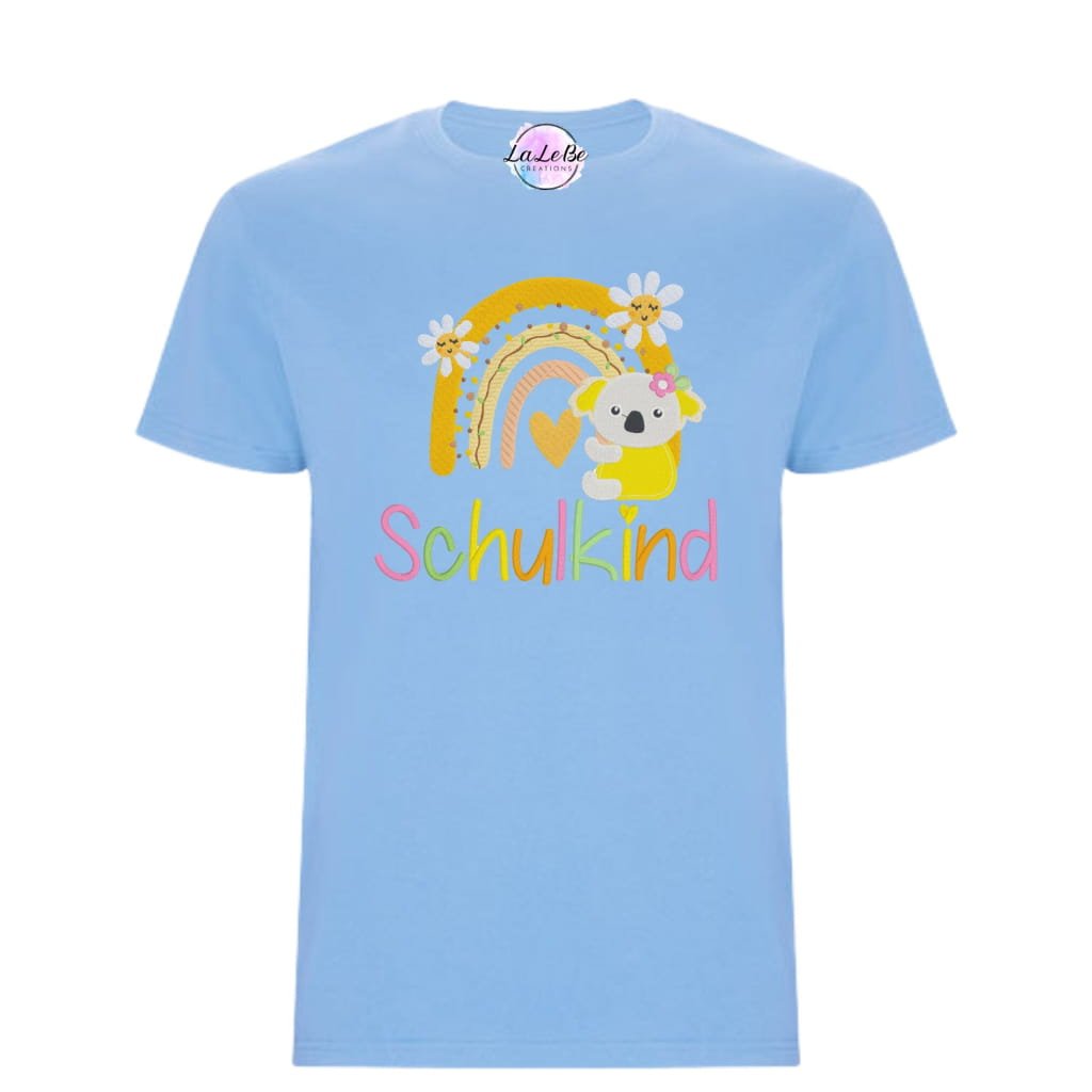 Besticktes T-Shirt zum ersten Schultag mit Koala - und Regenbogenmotiv - lalebecreations.de