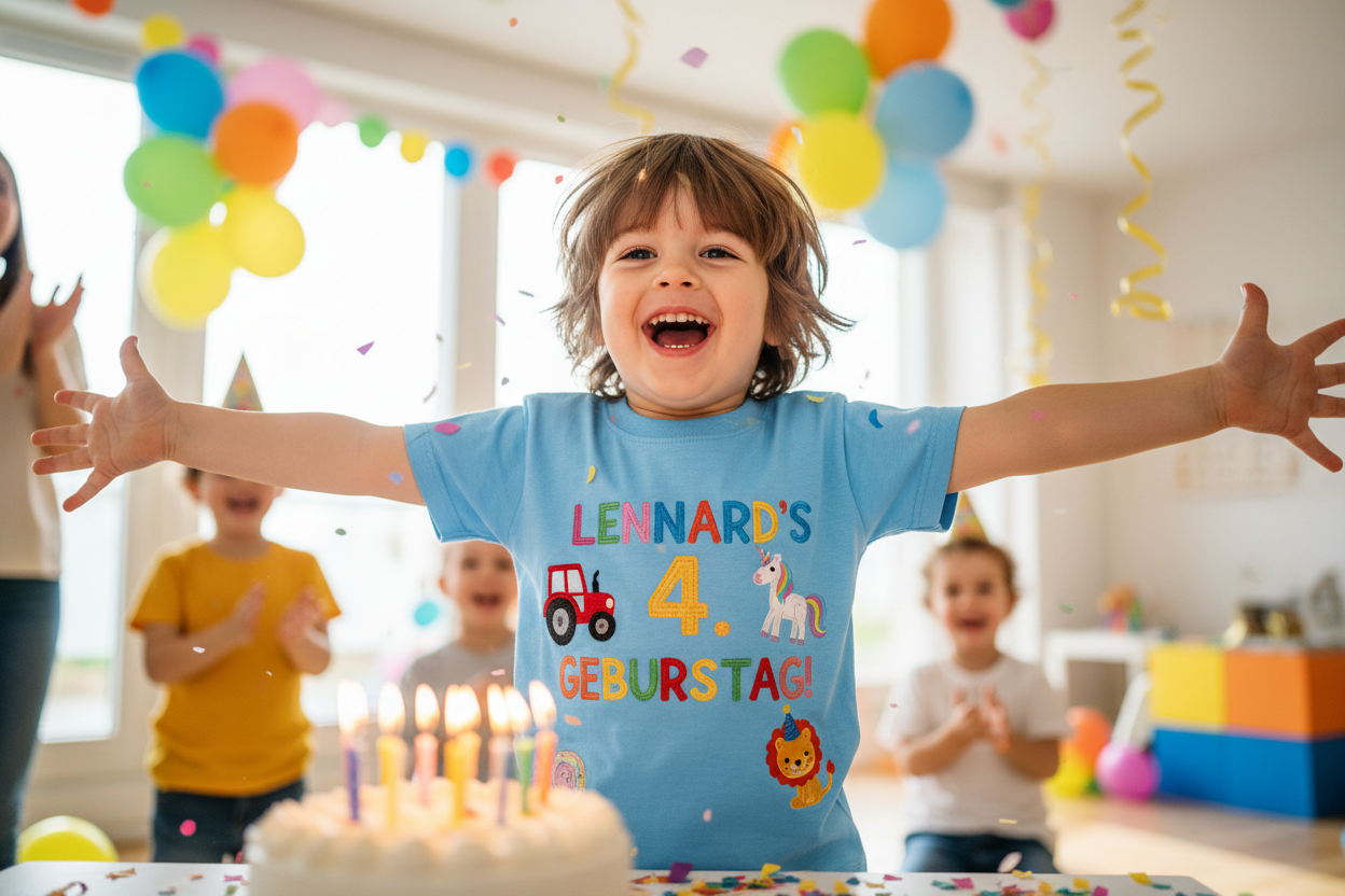 Child celebrating birthday in personalized shirt