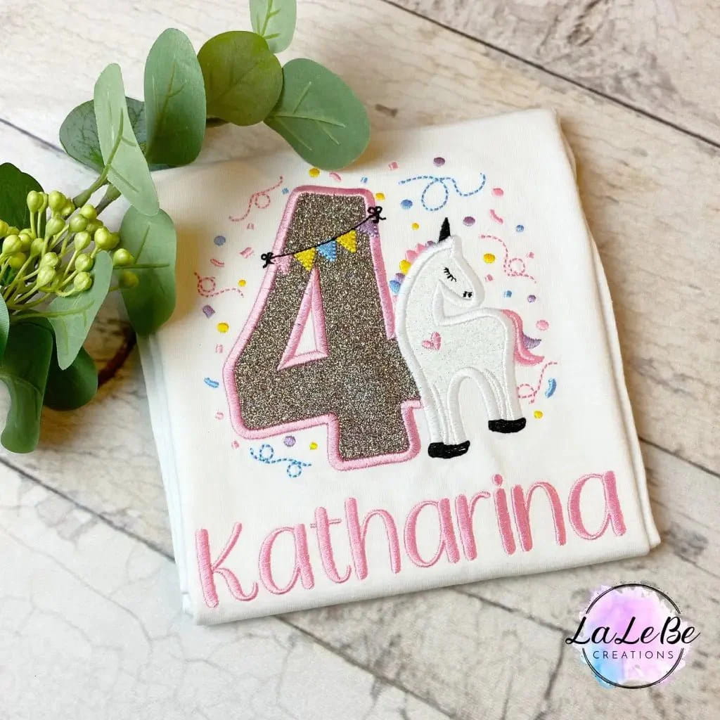 Einhorn Geburtstagsshirt mit Konfetti und Glitzer - lalebecreations.de