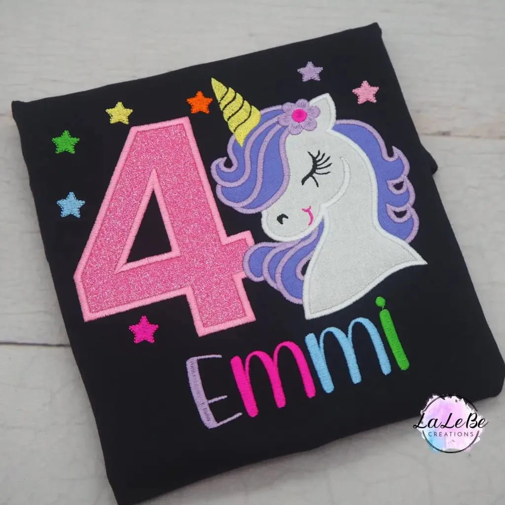 Einhorn Geburtstagsshirt mit Name Zahl und Glitzer