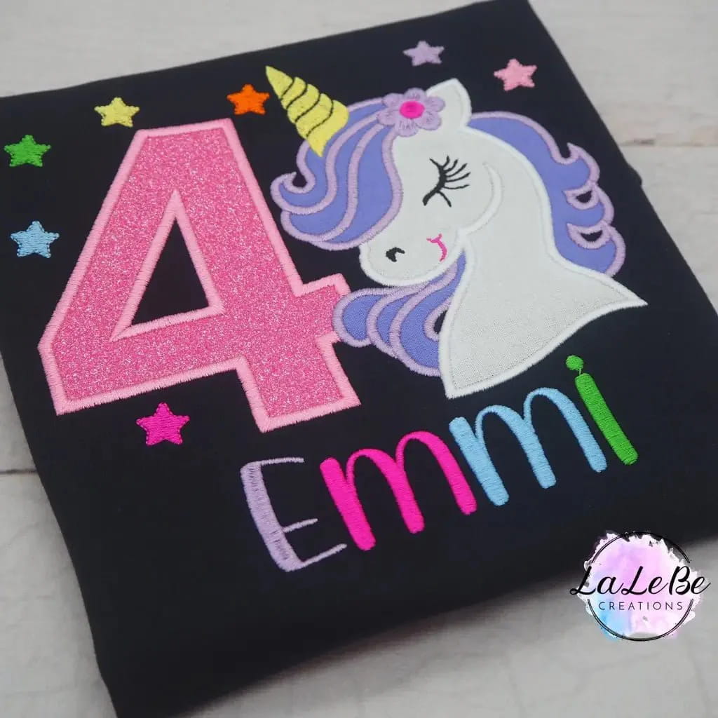 Einhorn Geburtstagsshirt mit Name Zahl und Glitzer