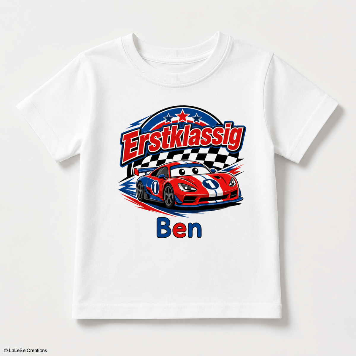 Erstklassig Rennwagen T-Shirt personalisiert mit Name – Schulkind – LaLeBe Creations