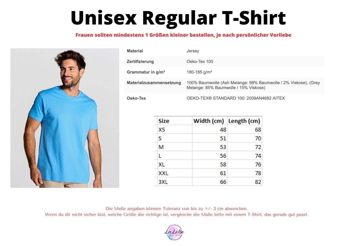 a man wearing a blue t-shirt, with a table of size information below him.