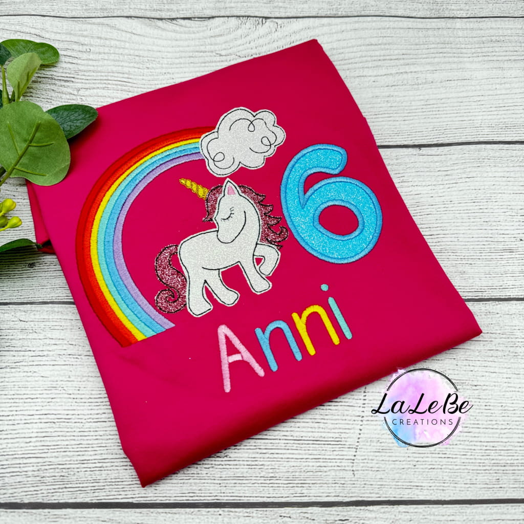 Geburtstags-T-Shirt für Mädchen mit Einhorn und Regenbogen - lalebecreations.de