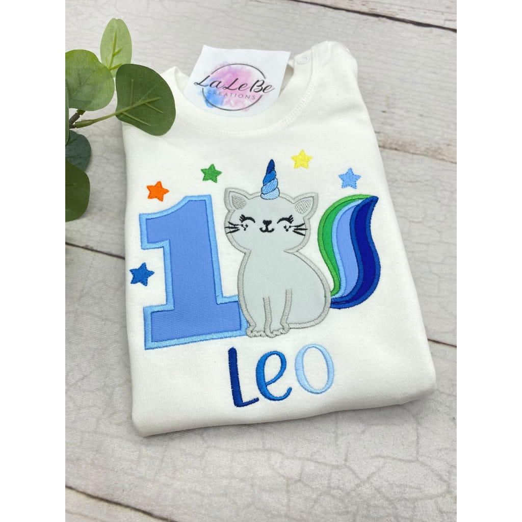 Geburtstagsshirt mit gestickter Einhornkatze - lalebecreations.de