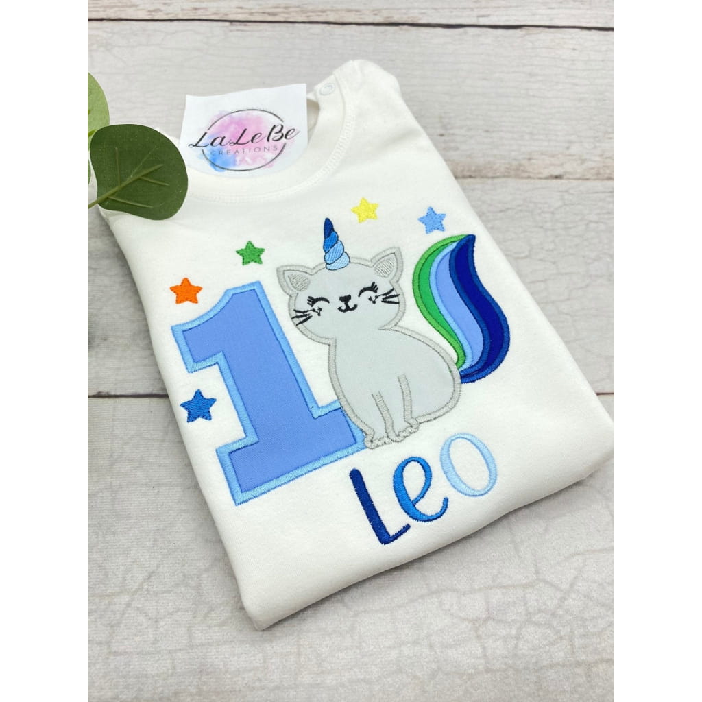 Geburtstagsshirt mit gestickter Einhornkatze - lalebecreations.de