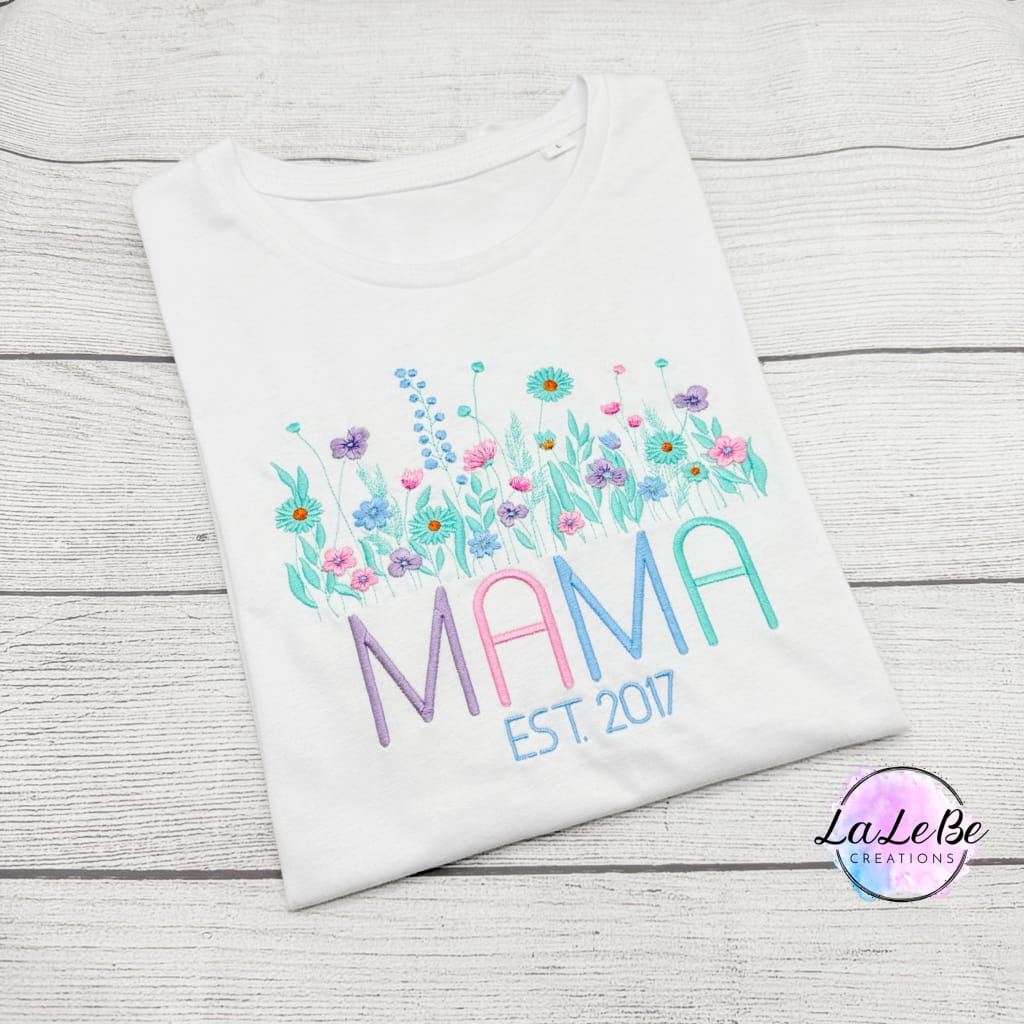 Mama T-Shirt mit Blumenmotiv und Geburtsjahr der Kinder