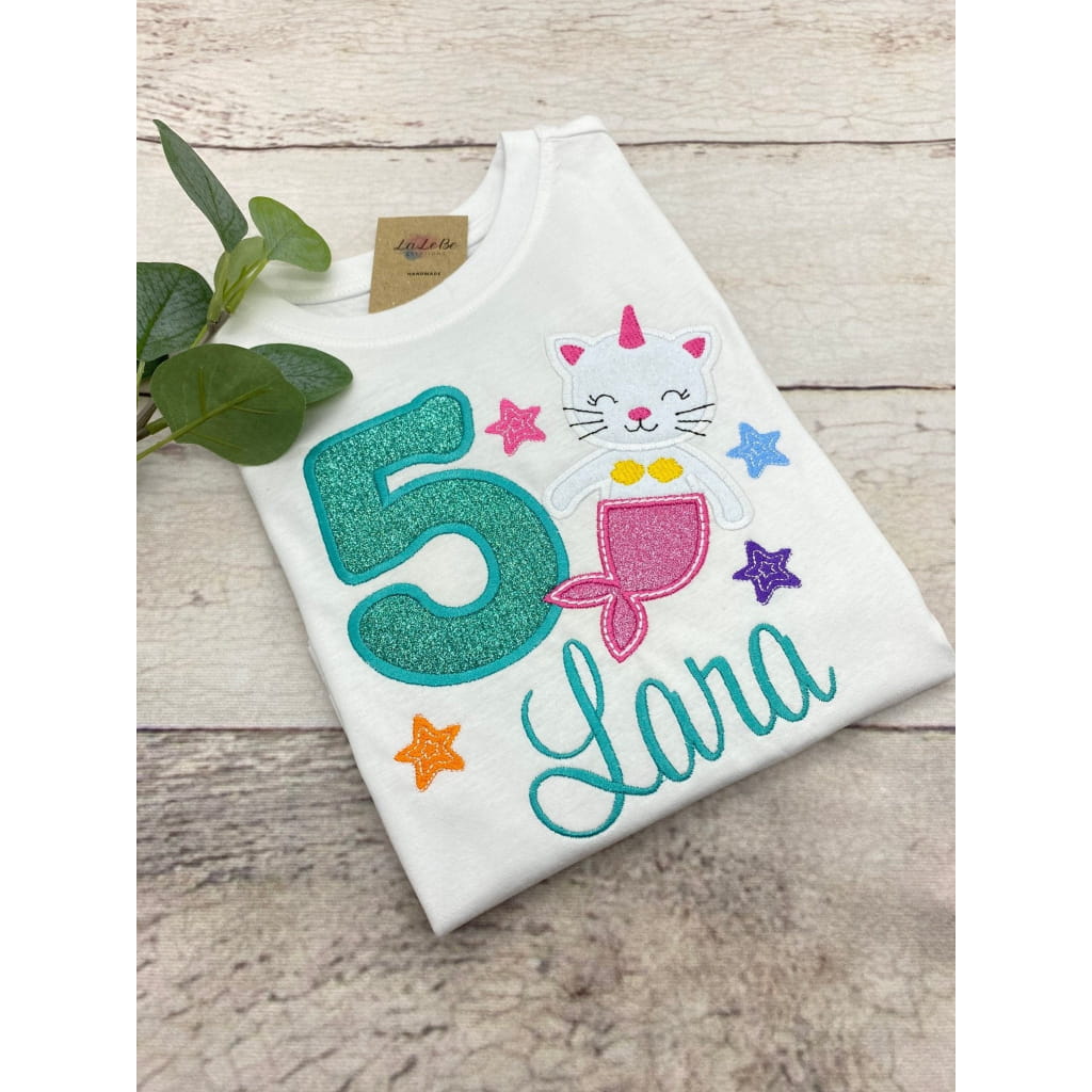 Meerjungfrau Einhorn Katze Geburtstagsshirt mit Name und Zahl - lalebecreations.de