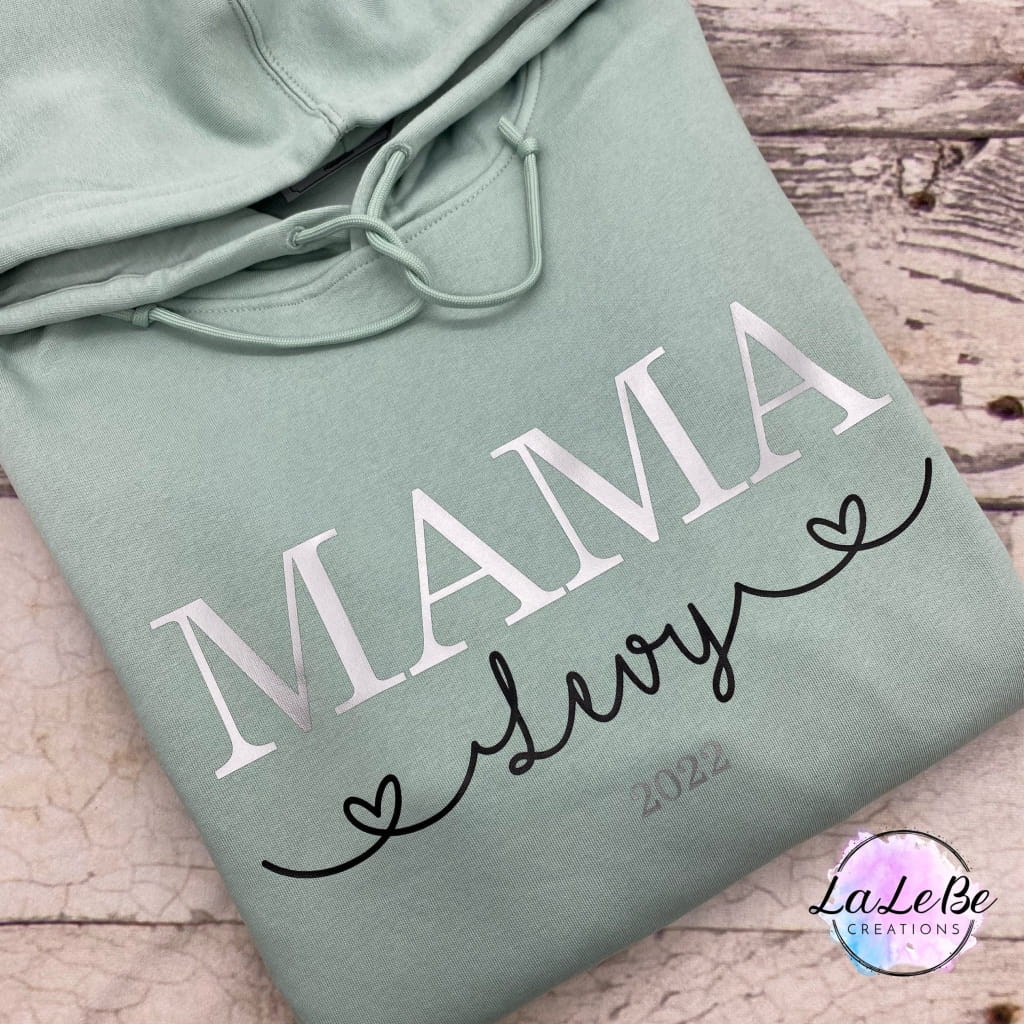 Personalisierter MAMA Hoodie mit Kindernamen / Salbei / XS