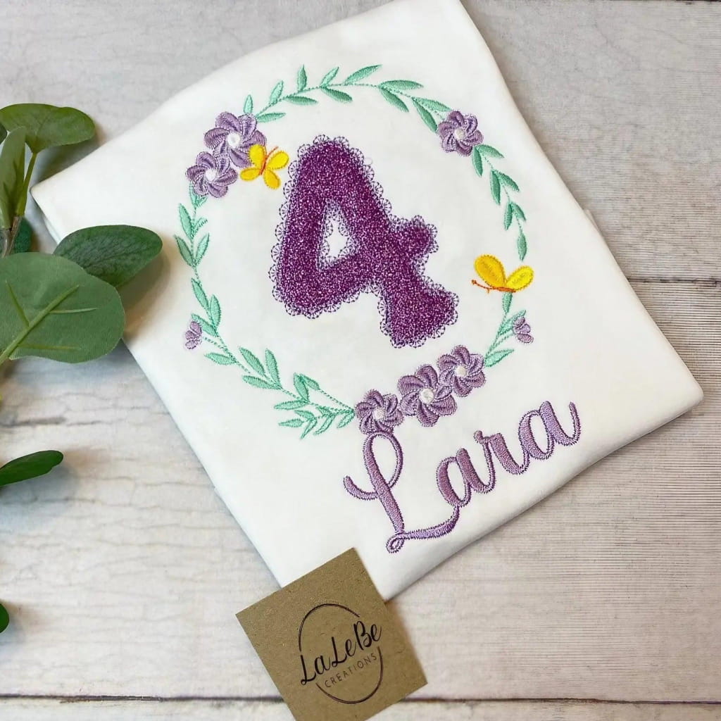 Geburtstags-T-Shirt mit Blumenkranz und Glitzerzahl - lalebecreations.de