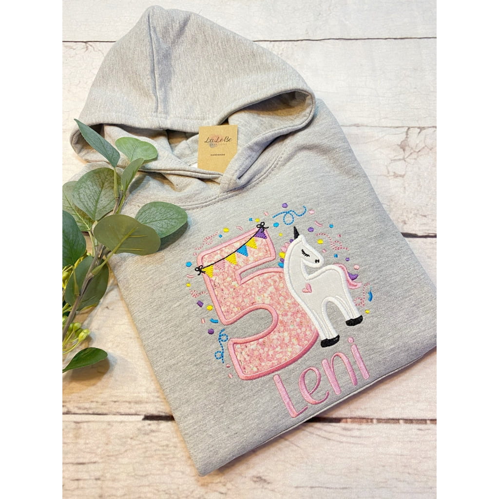 Personalisiertes Einhorn Geburtstagspullover - Hoodie Grau