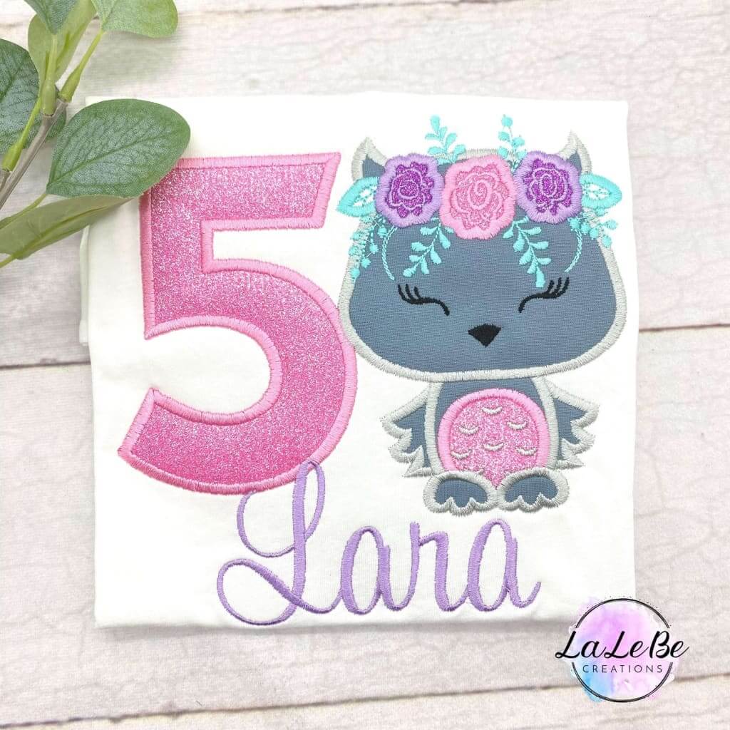 Eule Geburtstagsshirt Mädchen personalisiert mit Glitzerzahl und floraler Eule – LaLeBe Creations