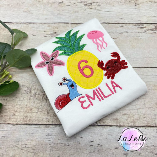 Ananas Geburtstagsshirt Mädchen personalisiert – weiß mit Ananas-Applikation, Glitzerzahl und Name