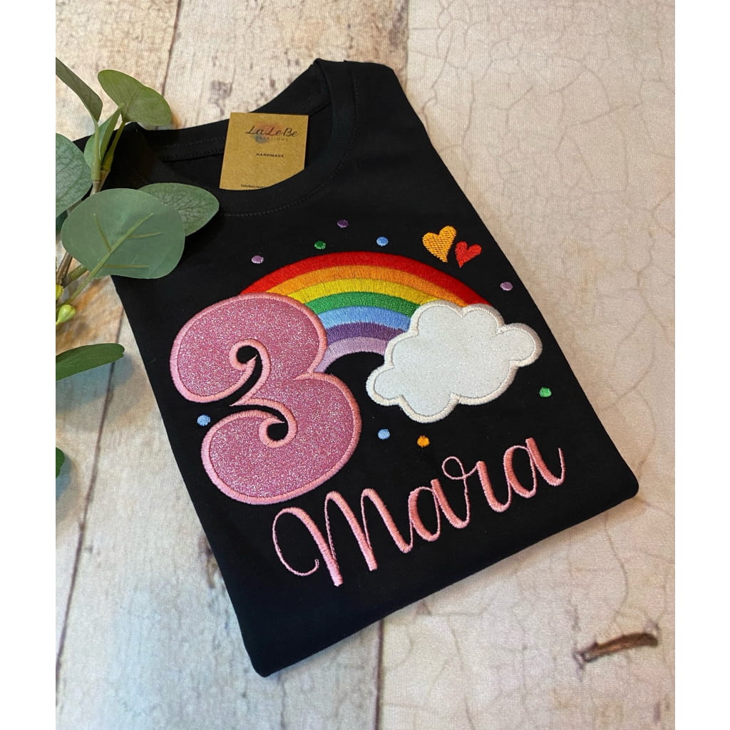 Personalisiertes Regenbogen Geburtstagsshirt für Mädchen mit Glitzer - lalebecreations.de