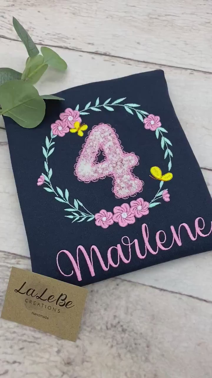 Blumenkranz Geburtstagsshirt für Mädchen, Geburtstag T-Shirt mit Name und Zahl