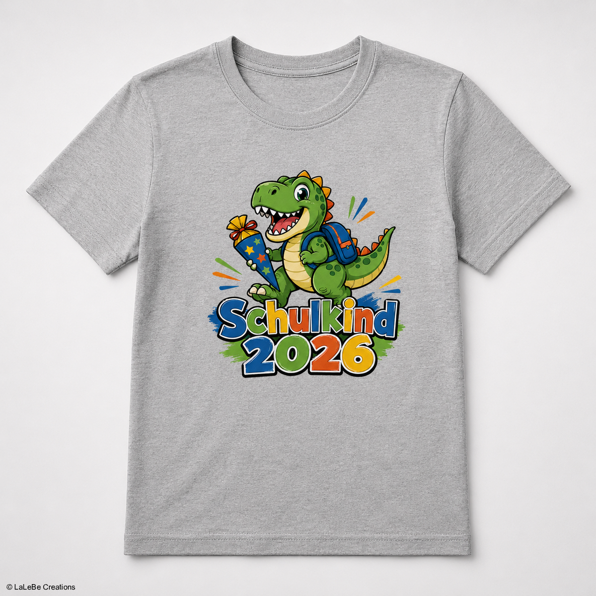 T-Rex Schulkind 2026 T-Shirt Grau personalisiert – DTF Druck – LaLeBe Creations