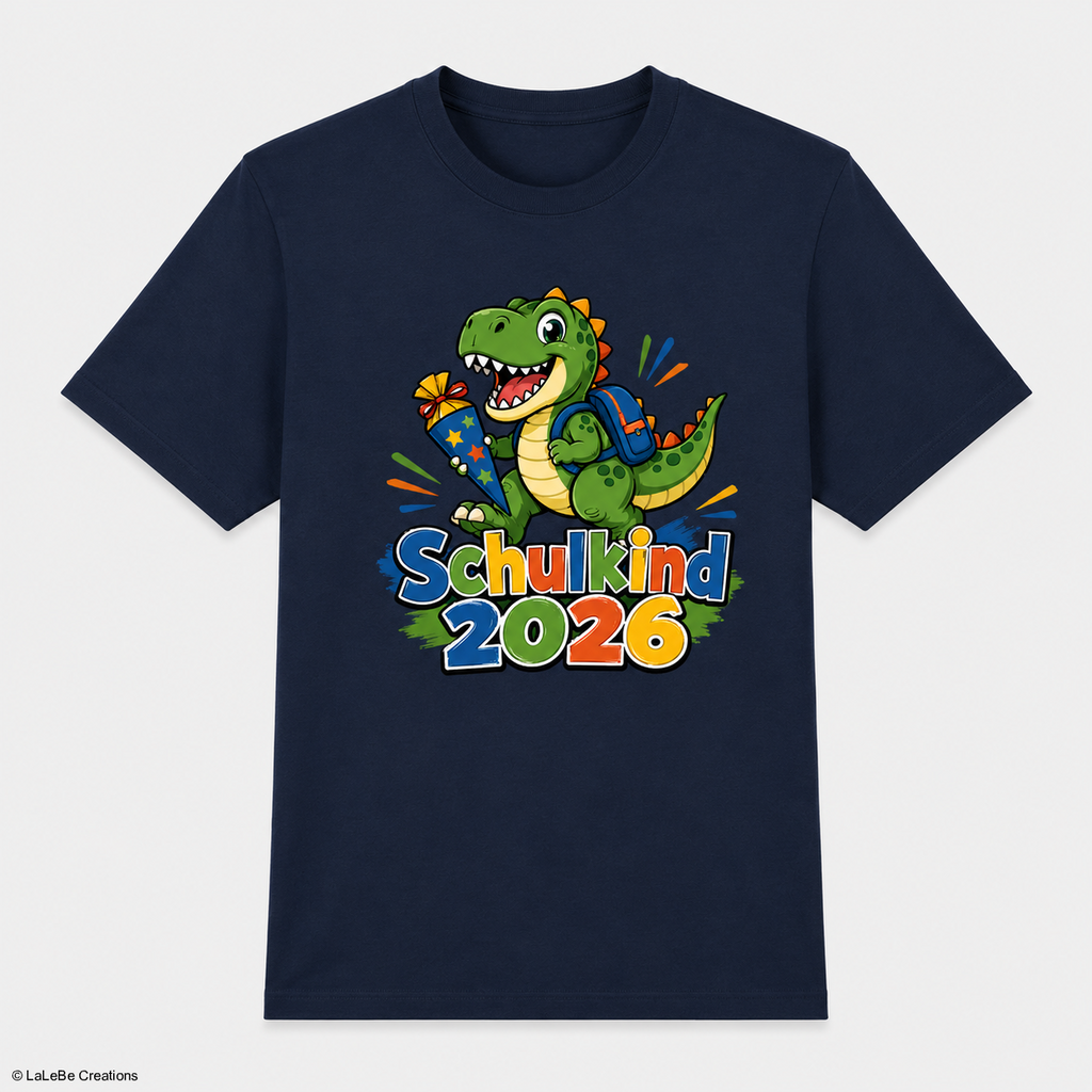 T-Rex Schulkind 2026 T-Shirt Navy personalisiert – DTF Druck – LaLeBe Creations