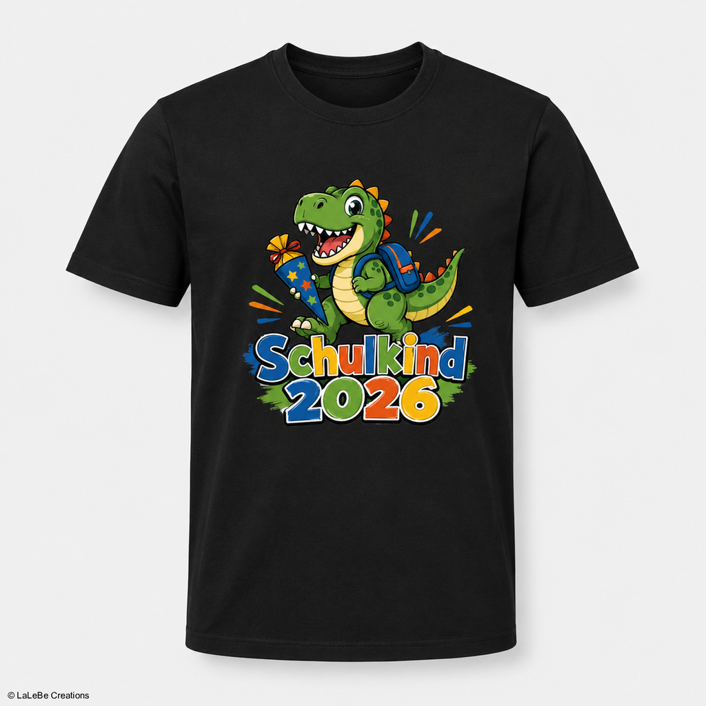 T-Rex Schulkind 2026 T-Shirt Schwarz personalisiert – DTF Druck – LaLeBe Creations