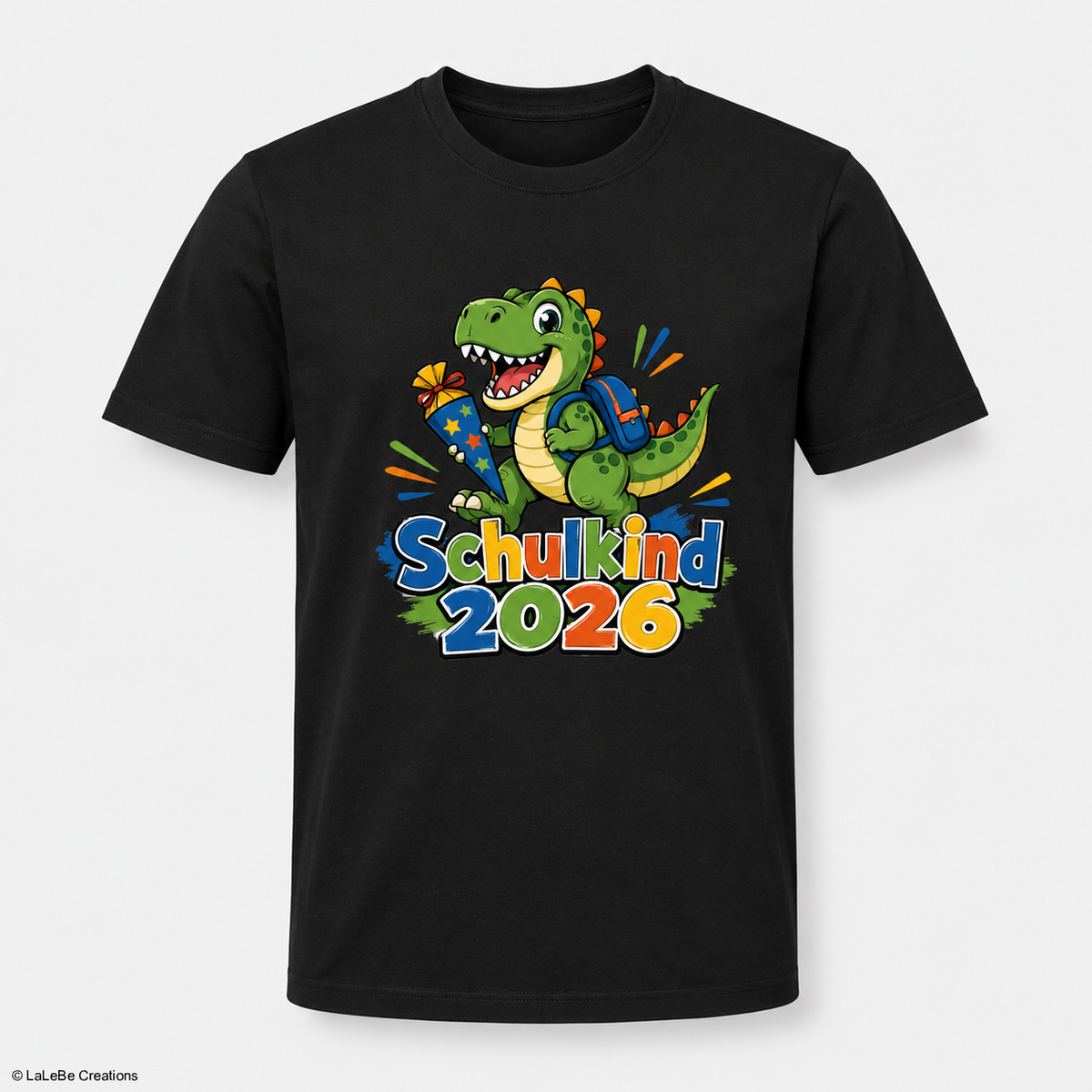 T-Rex Schulkind 2026 T-Shirt Schwarz personalisiert – DTF Druck – LaLeBe Creations
