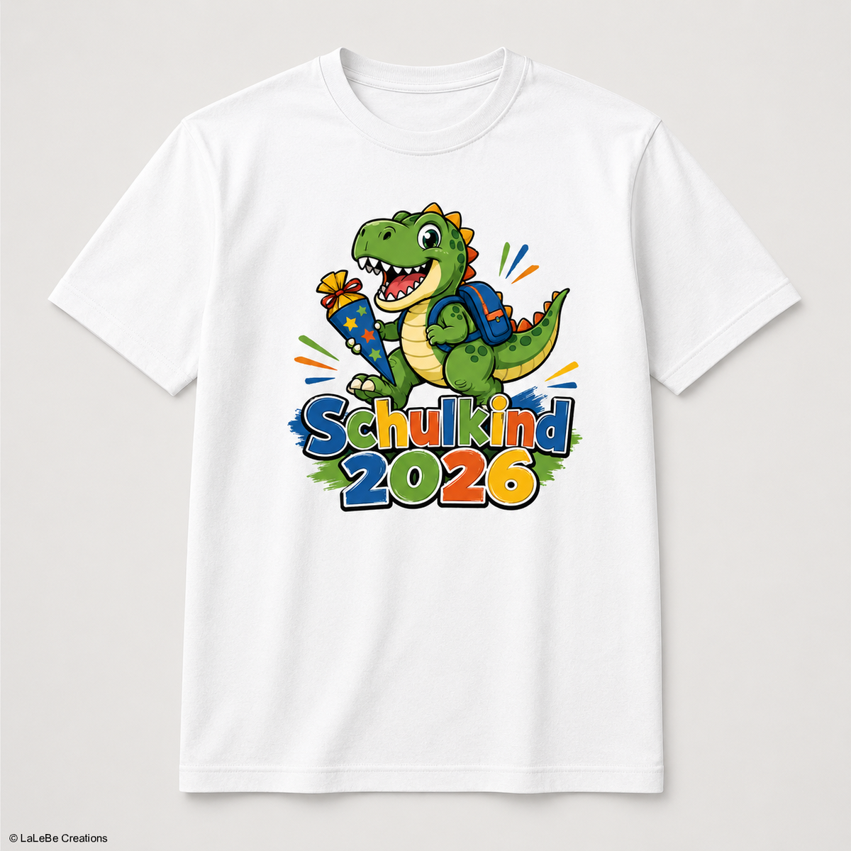 T-Rex Schulkind 2026 T-Shirt Weiß personalisiert – DTF Druck – LaLeBe Creations