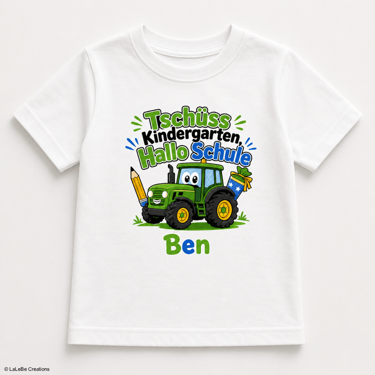 Tschüss Kindergarten Hallo Schule Trecker T-Shirt personalisiert mit Name – LaLeBe Creations